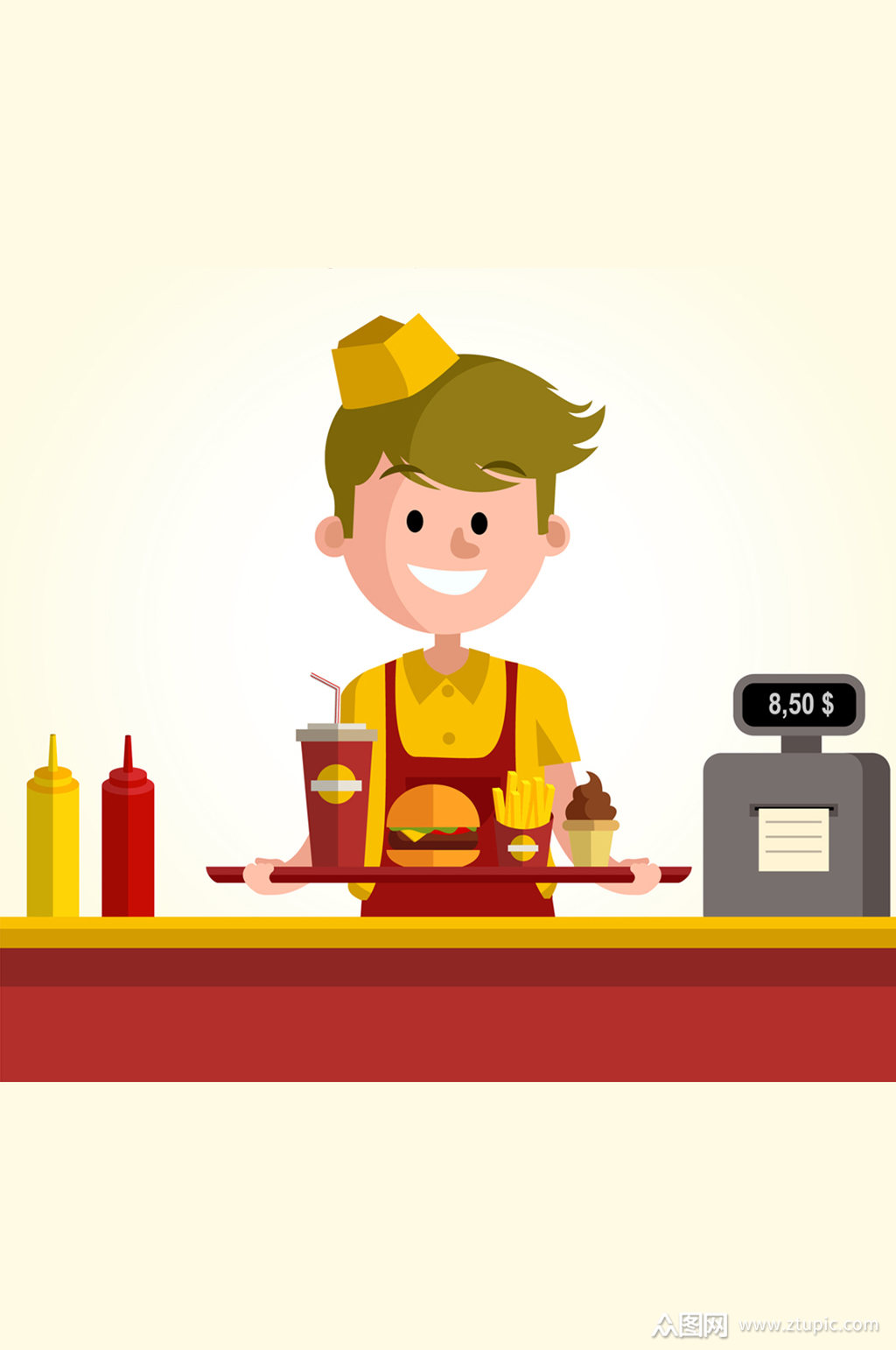 创意快餐店服务生矢量素材素材