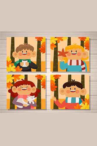 4款卡通秋季人物卡片矢量素材
