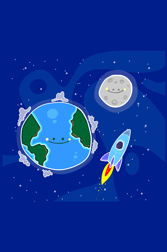 彩绘笑脸地球和火箭矢量素材