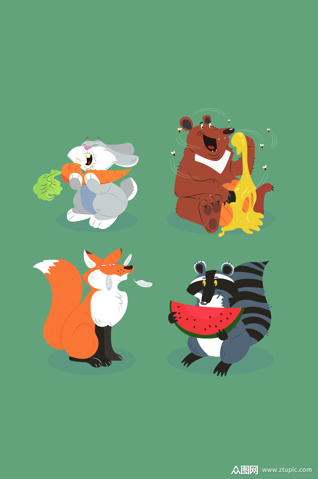 4款卡通吃食物的动物矢量图