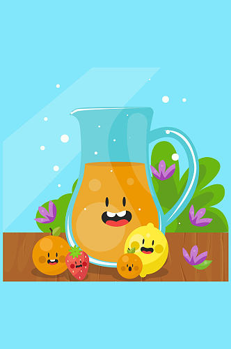 卡通橙汁和4个水果矢量素材