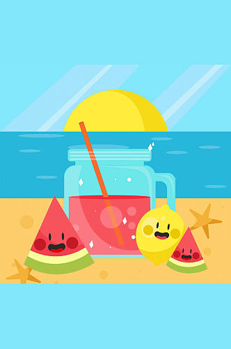 卡通沙滩上的果汁和水果矢量素材