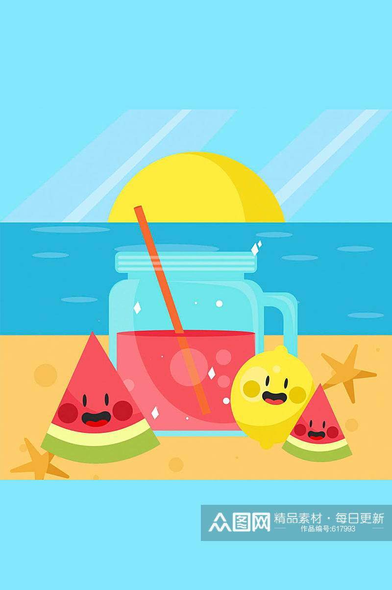 卡通沙滩上的果汁和水果矢量素材素材