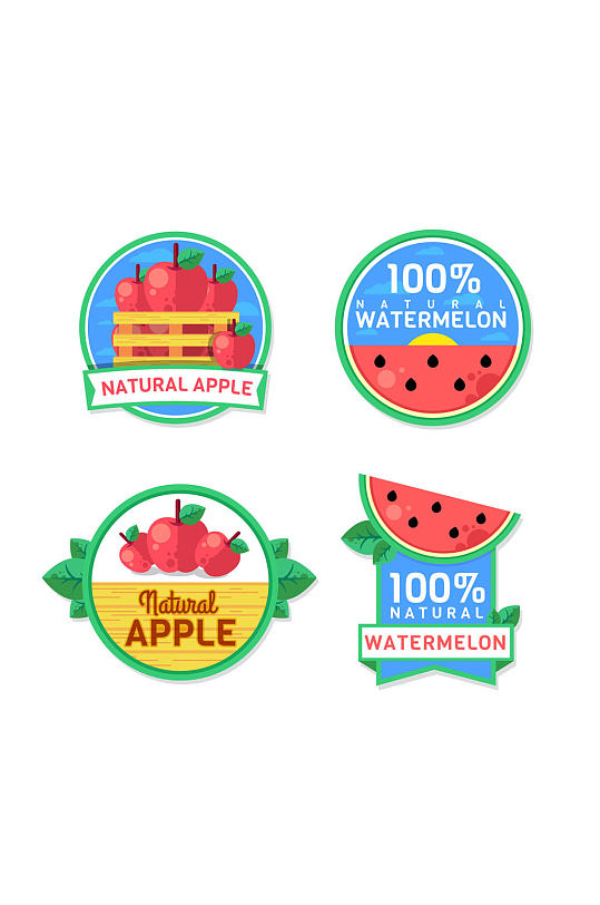 4款创意苹果和西瓜果汁标签矢量图