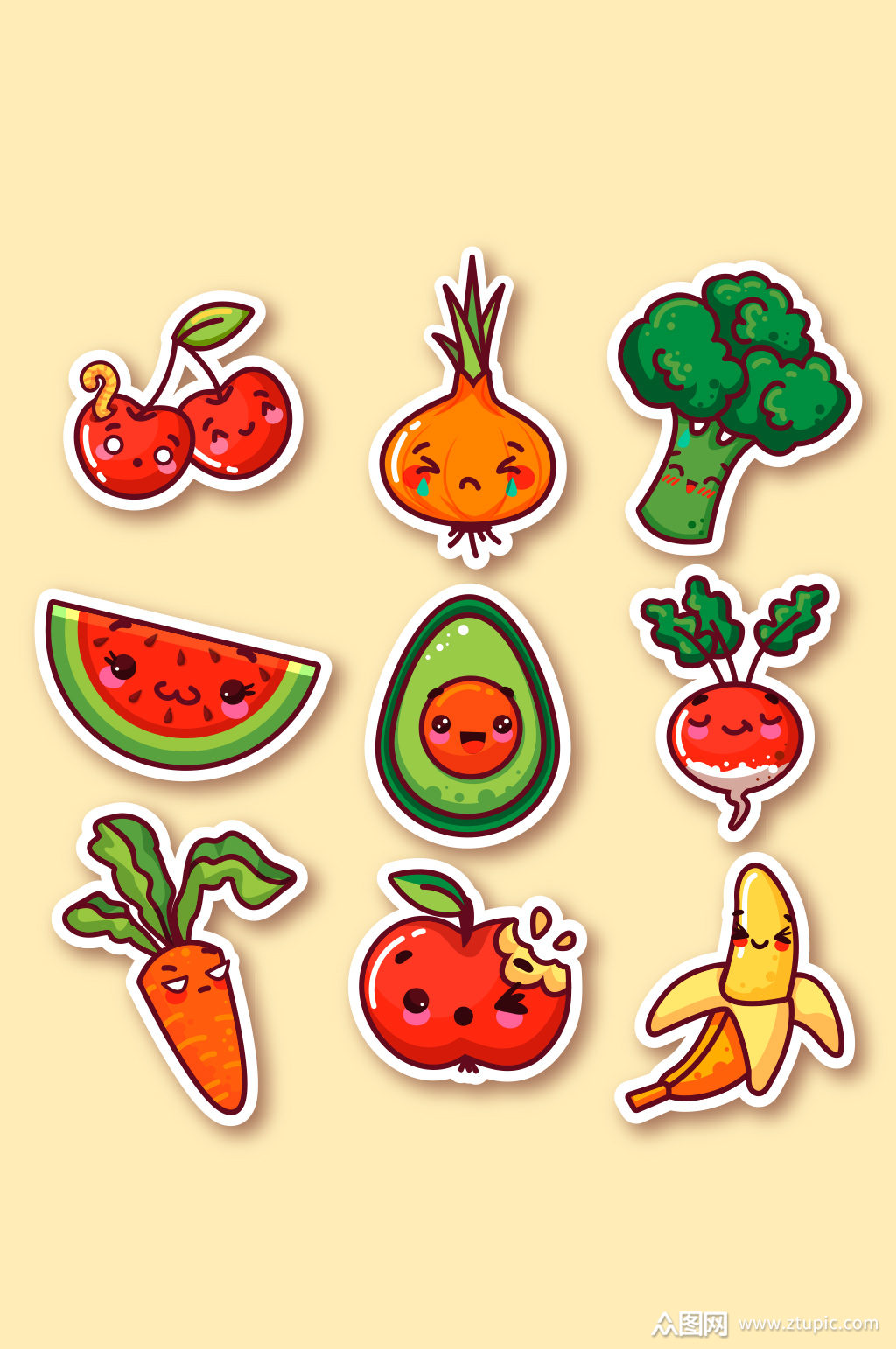 9款可爱表情蔬菜和水果贴纸矢量图
