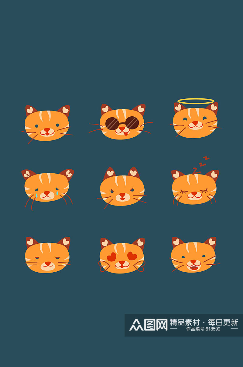 9款可爱橘色猫咪表情头像矢量素材素材