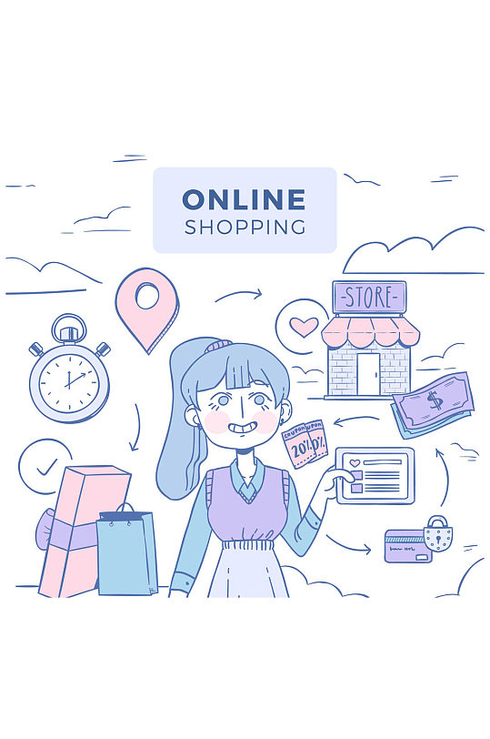 彩绘网上购物女孩矢量素材