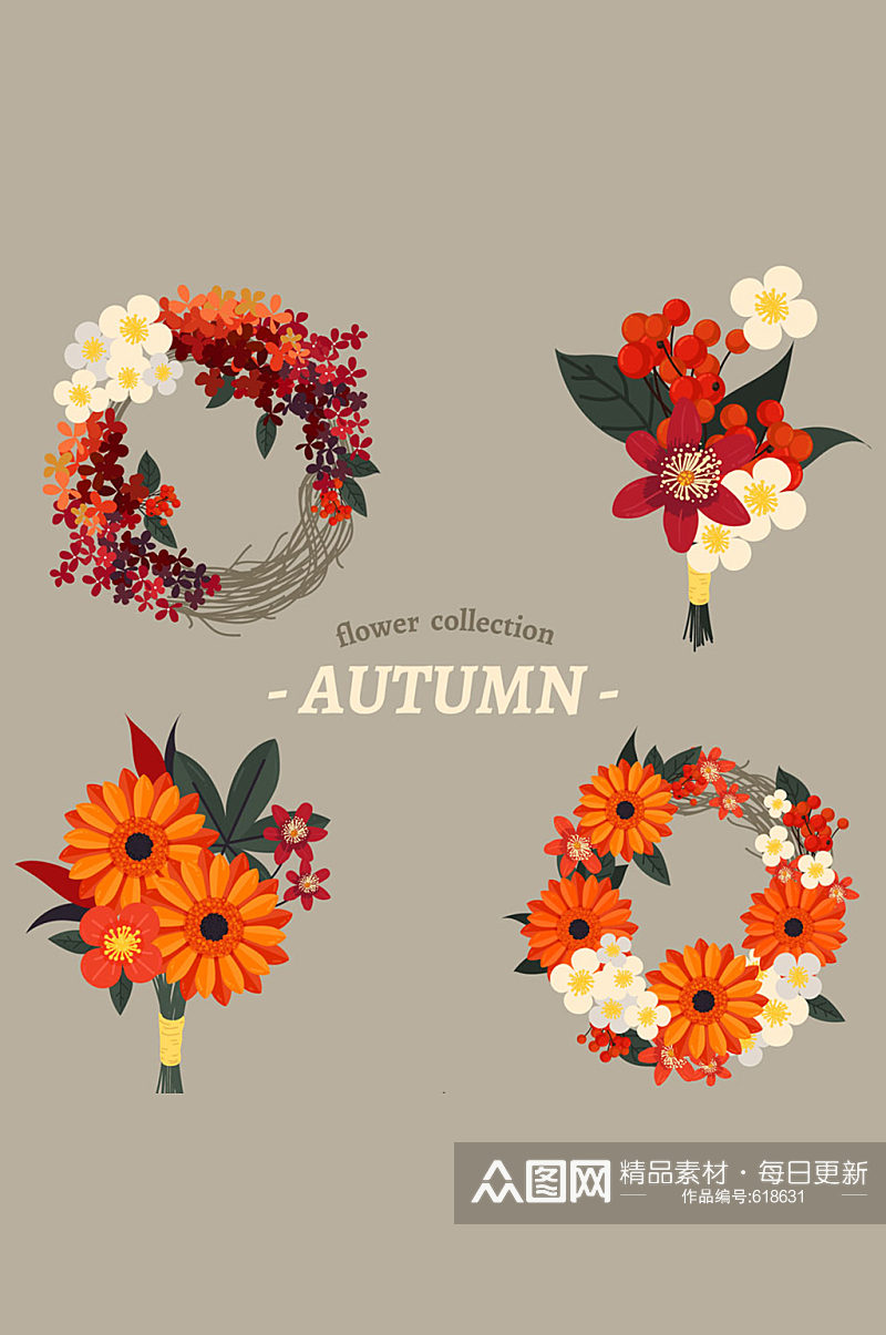 4款彩色秋季花环设计矢量素材素材