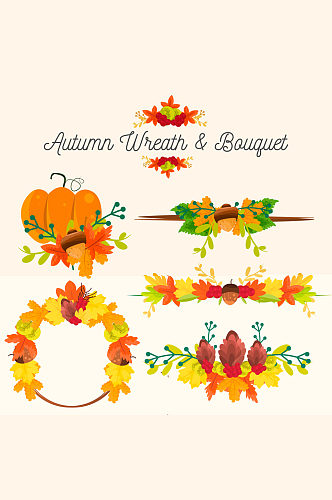 5款彩色秋季花环和花束矢量图