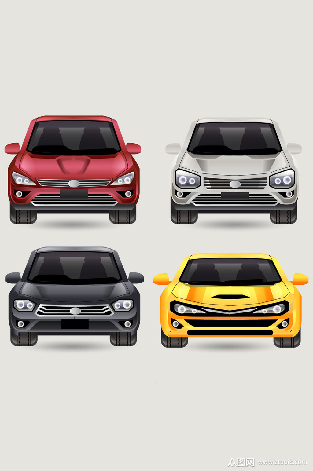 4款彩色时尚轿车正面图矢量素材
