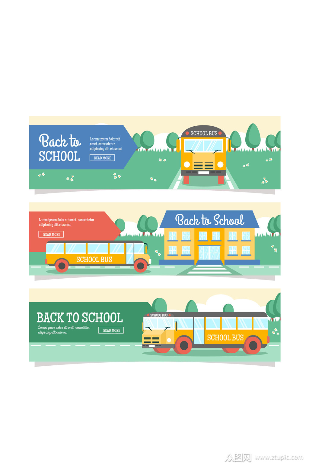 3款扁平化校车banner矢量素材素材