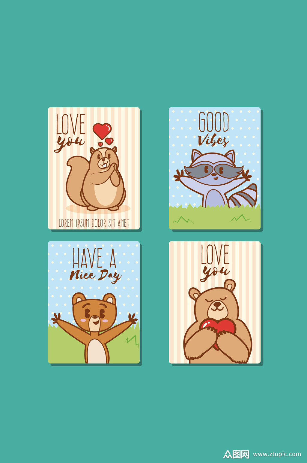 4款可爱动物爱心卡片矢量素材