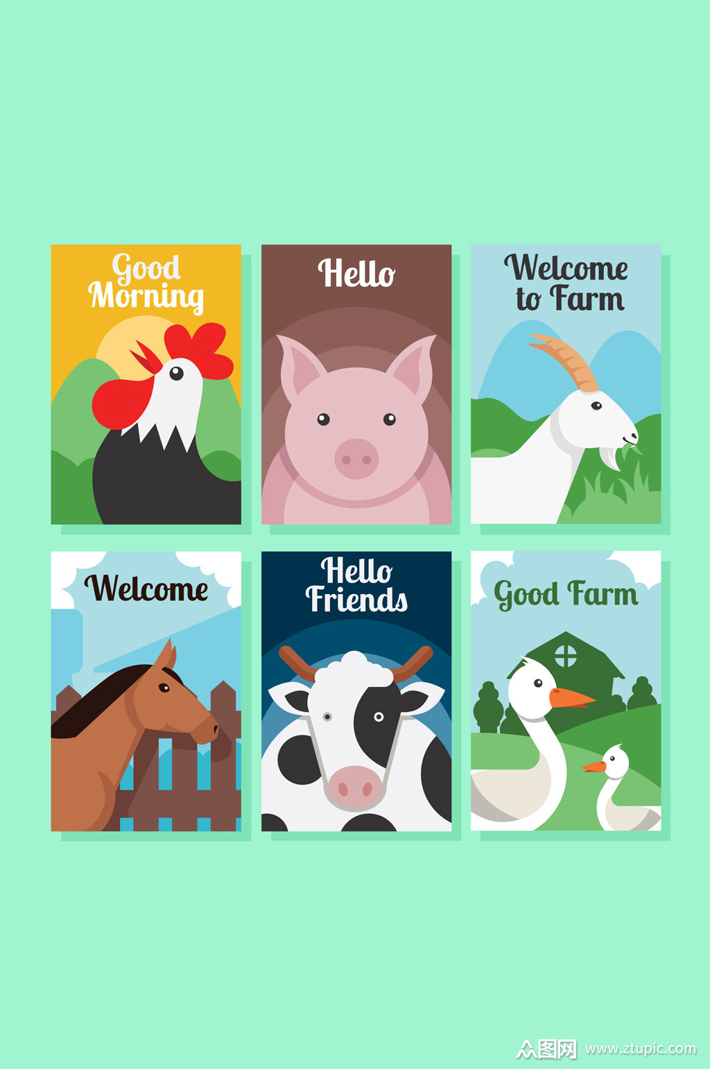 6款创意农场动物卡片矢量素材