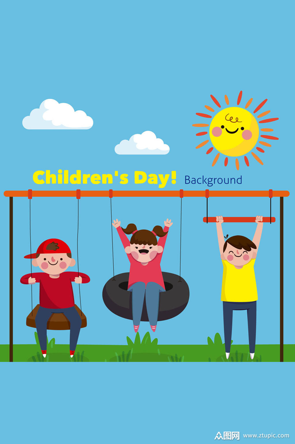 卡通儿童节玩秋千的3个孩子矢量素材