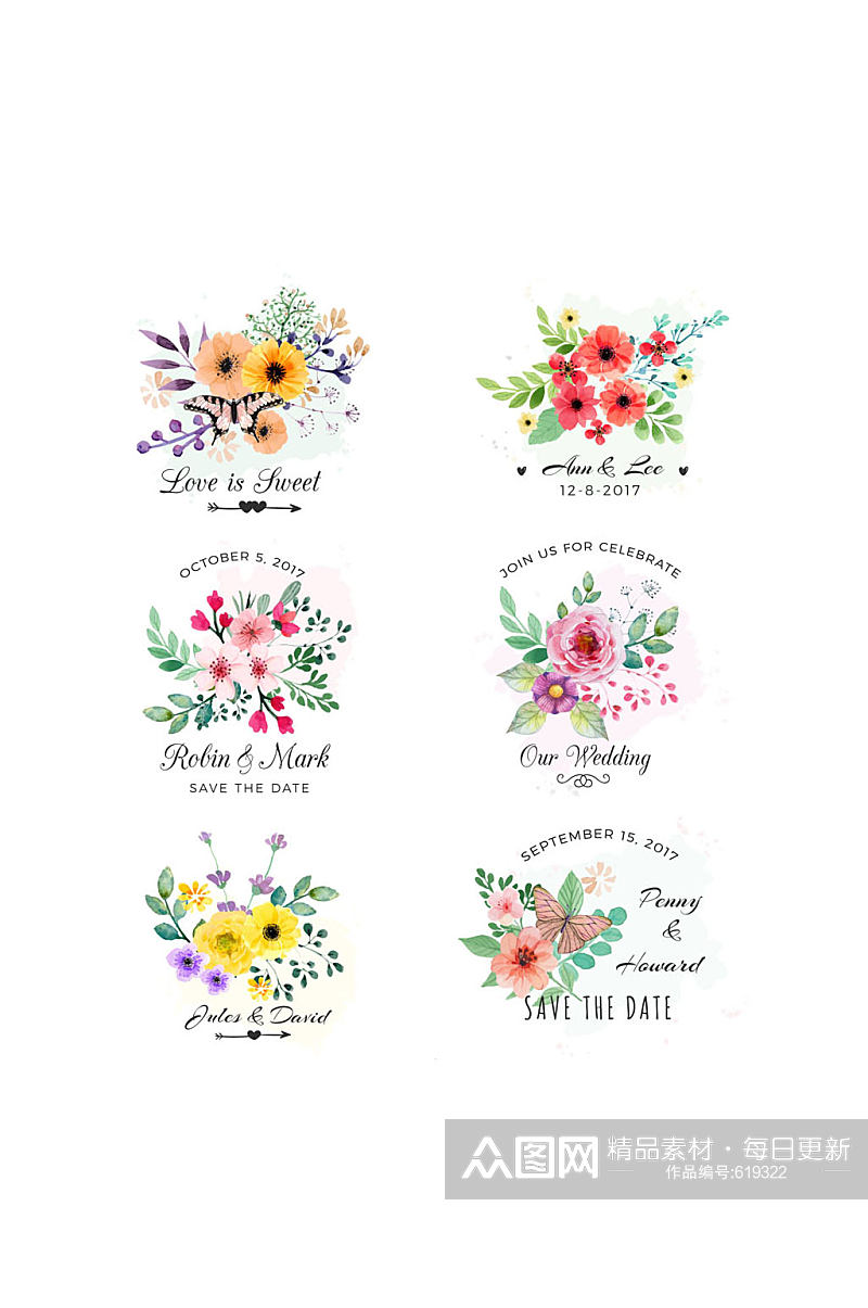 6款彩色婚礼花卉矢量素材素材