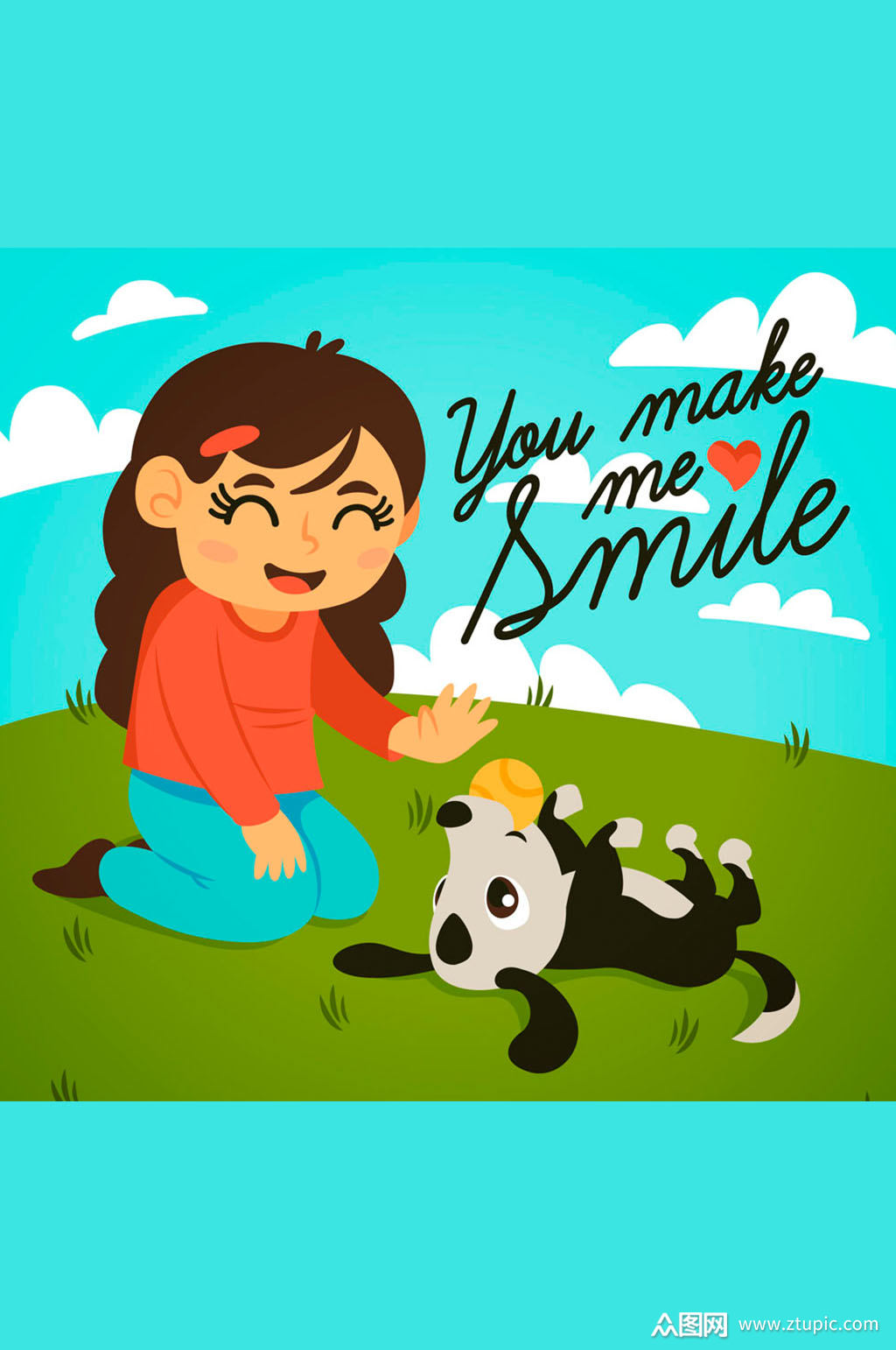 卡通郊外玩耍的女子和宠物狗矢量图