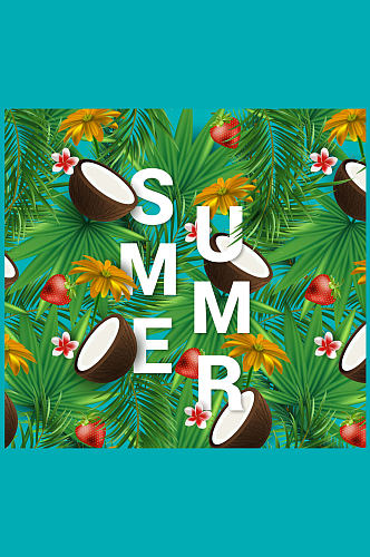 创意热带花草和椰子装饰夏季艺术字矢量图