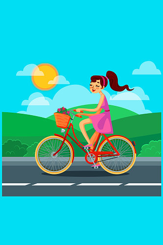 创意夏季骑单车的女子矢量素材
