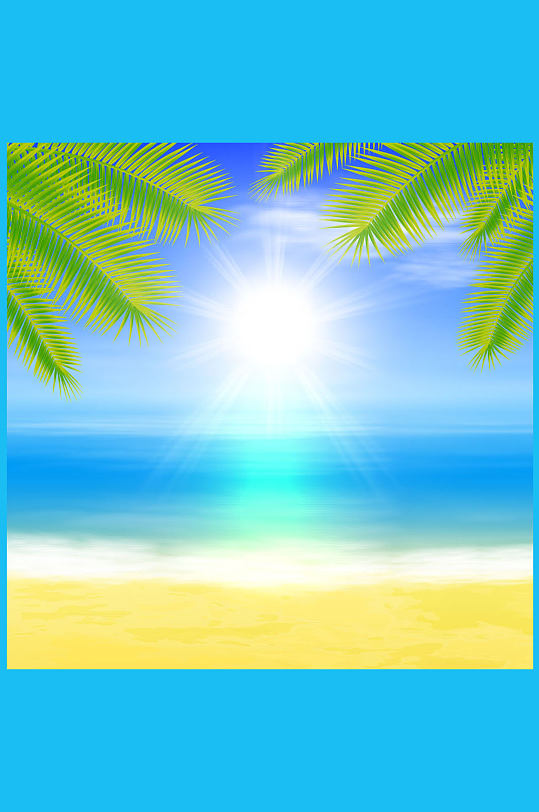 夏季沙滩大海棕榈树风景矢量图