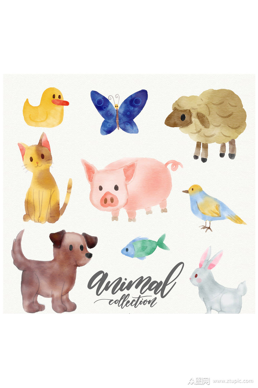 9款水彩绘可爱动物设计矢量素材