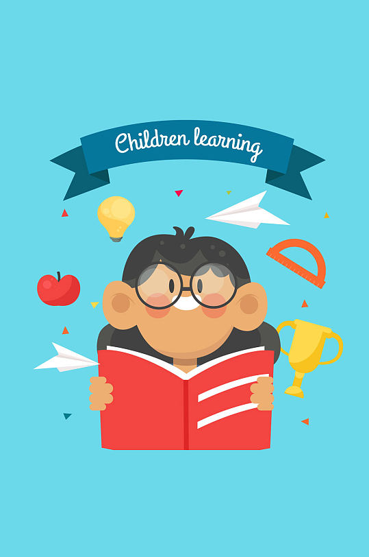 卡通坐在书堆上读书的女孩矢量素材