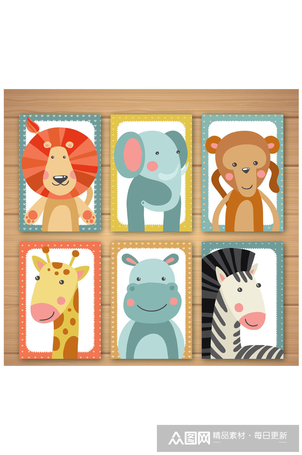 6款卡通动物半身像卡片矢量素材