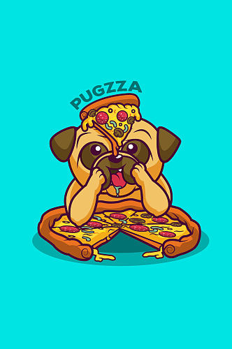 卡通吃披萨的巴哥犬矢量素材