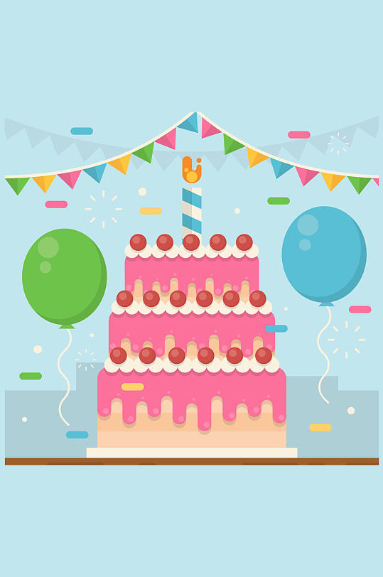 创意生日派对上的粉色生日蛋糕矢量图