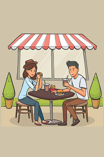 创意室外餐厅吃快餐的男女矢量图
