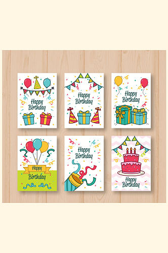 6款彩绘生日礼物卡片矢量素材