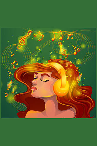 创意用金色耳机听音乐的女子矢量素材