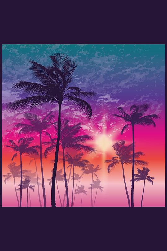精美夕阳下的椰子树矢量素材