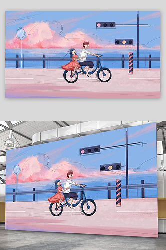 骑自行车的男孩女孩插画设计