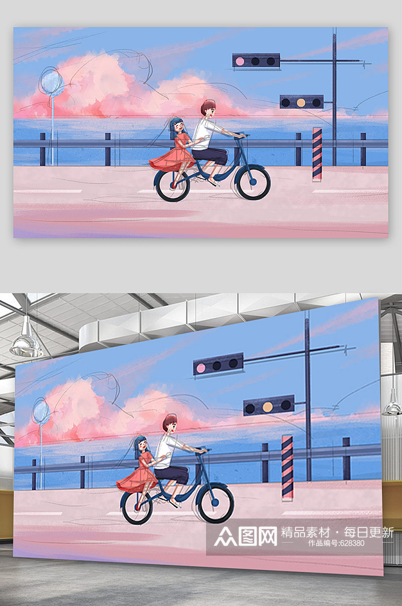 骑自行车的男孩女孩插画设计素材
