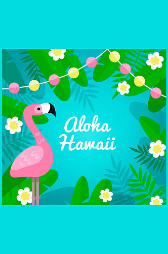 彩色夏威夷火烈鸟和花草矢量图