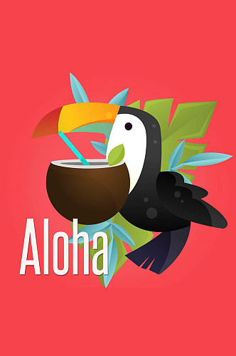 创意夏威夷大嘴鸟和椰汁矢量素材_
