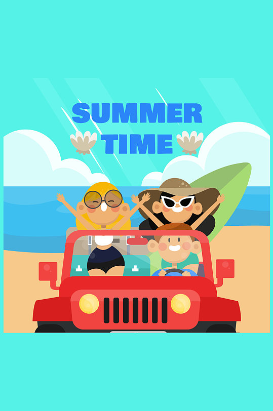 创意夏季沙滩上开吉普车的人物矢量图