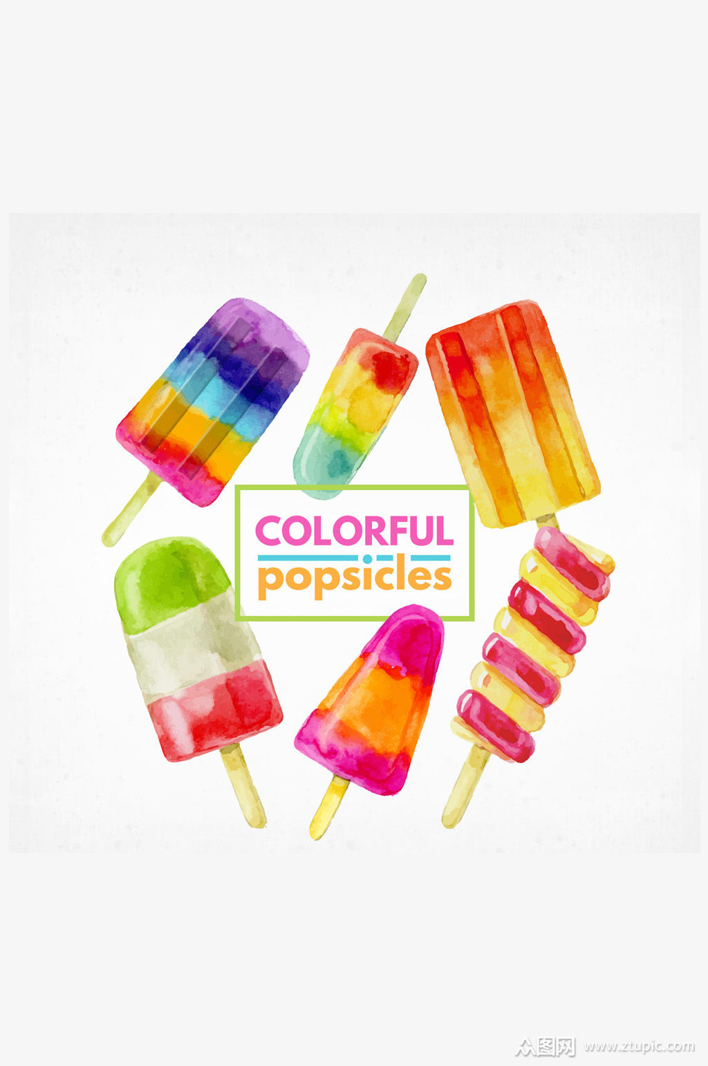 6款水彩绘夏季彩色冰棍矢量素材素材