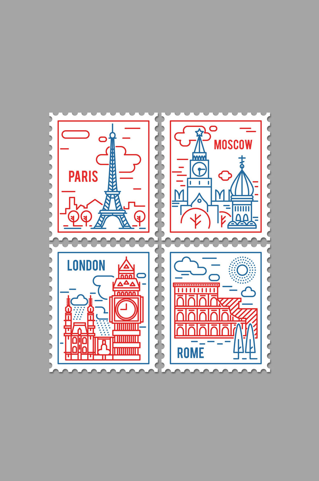 4款彩绘著名景点邮票矢量素材模板下载-编号630969-众图网