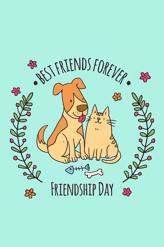 彩绘国际友谊节猫和狗矢量图