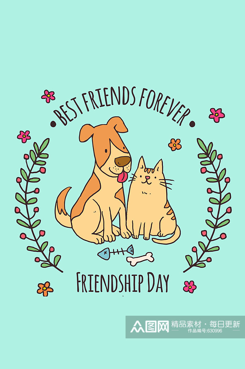 彩绘国际友谊节猫和狗矢量图素材