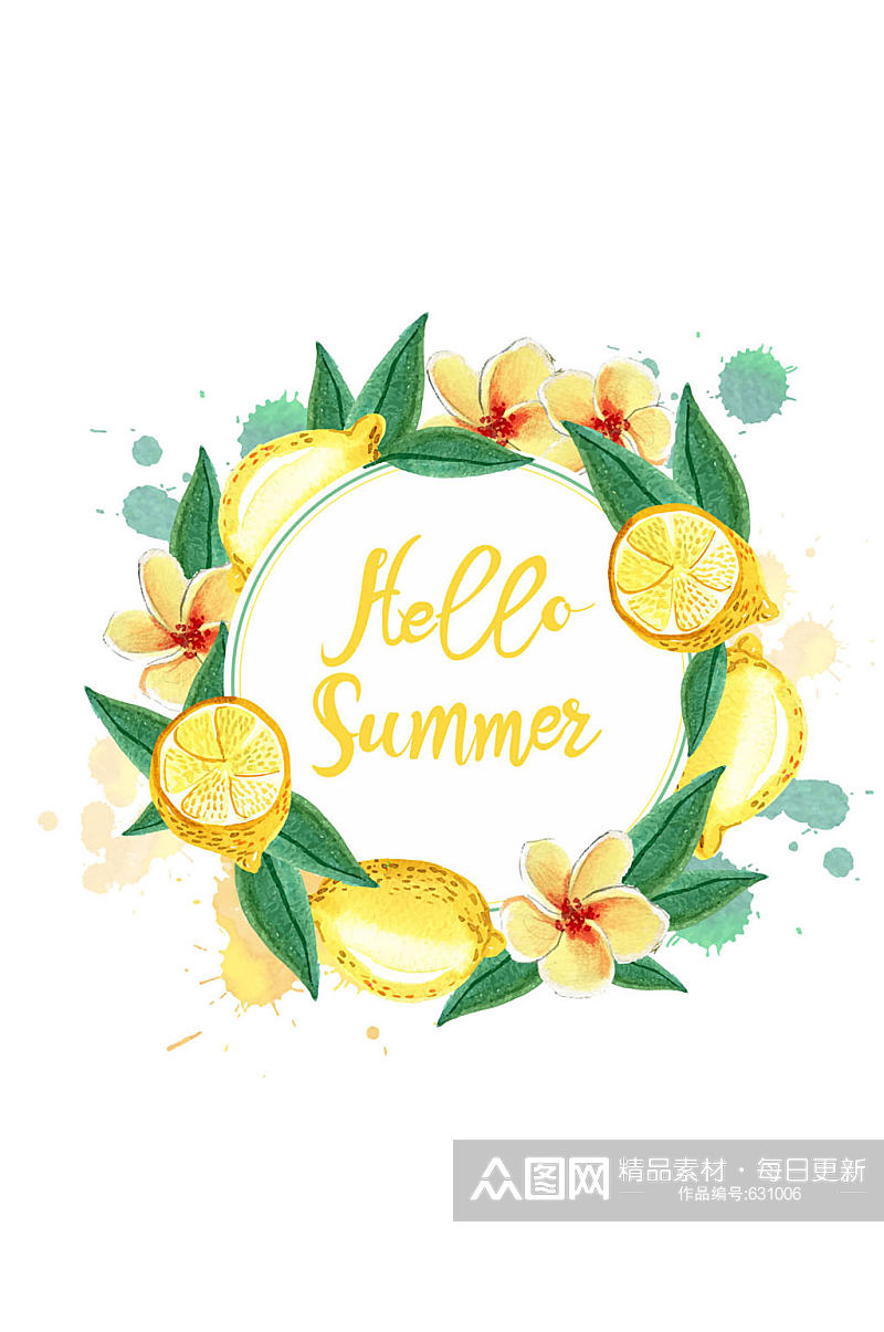 水彩绘夏季柠檬花环矢量图素材