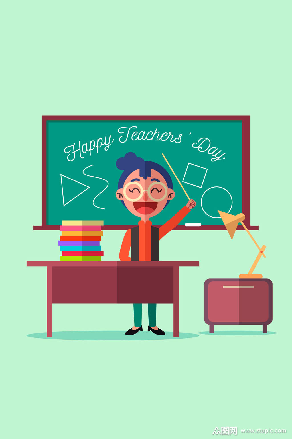 >扁平化讲台上的女教师矢量素材