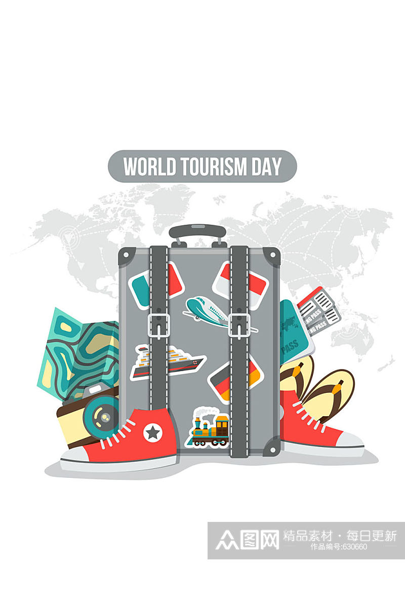 创意世界旅游日行李箱和必需品矢量图素材