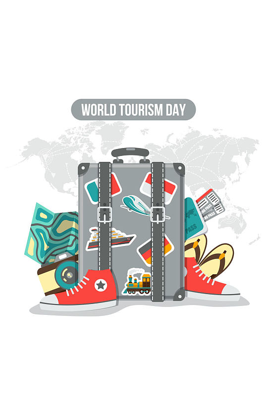 创意世界旅游日行李箱和必需品矢量图