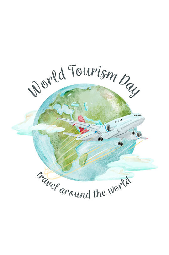水彩绘世界旅游日地球和飞机矢量图