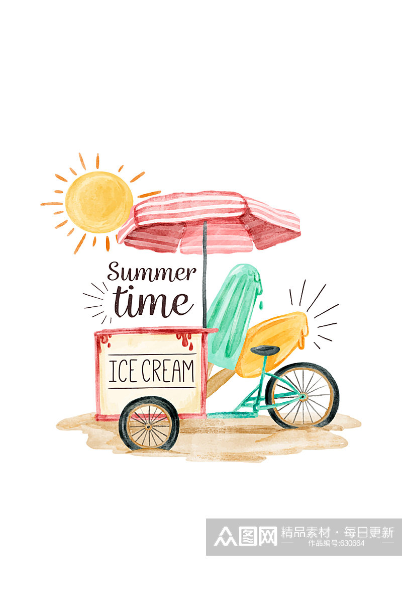 彩绘夏季沙滩冰淇淋车矢量素材素材