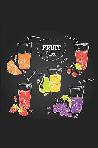 5款彩绘水果和杯装果汁矢量图