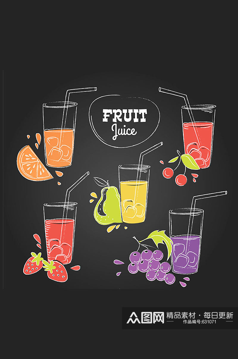 5款彩绘水果和杯装果汁矢量图素材