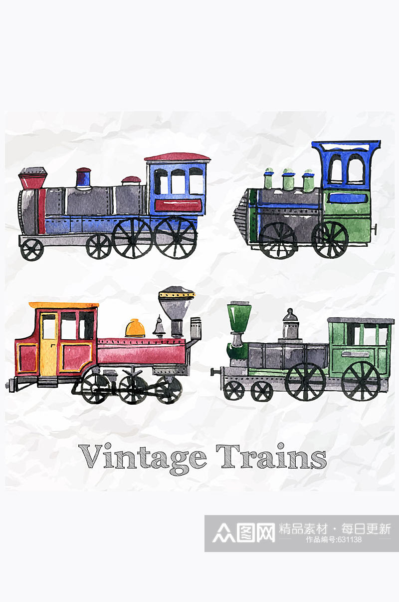 4款水彩绘褶皱纸张上的老式火车矢量图素材